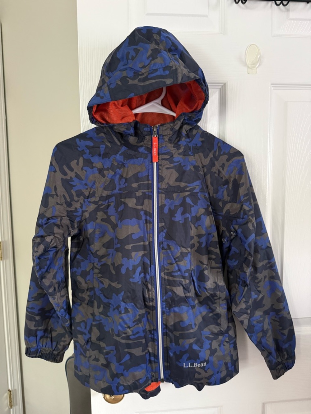 L.L. Bean Blue and Black Camo Hooded Kids Raincoat with Orange Lining